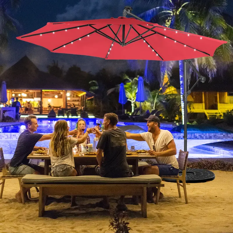 10-Foot Cantilever Solar Umbrella — 32 Built-In Led Lights For Poolside, Backyard, Or Market Use (Wine) 1