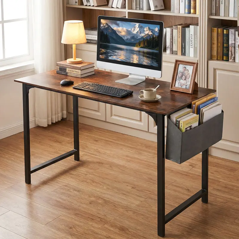 100 Cm Slim Computer Desk – Rustic Brown Workstation With Hanging Hook & Storage Pouch 1