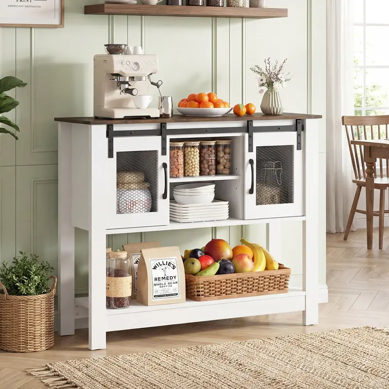 102 Cm Rustic Brown Entryway Table With Barn-Style Sliding Doors 1