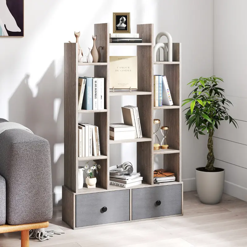 12-Tier Grey Wooden Bookshelf With Fold-Down Drawer For Study Or Living Areas 1