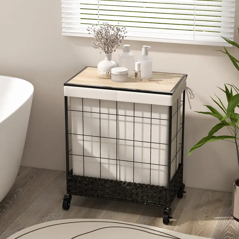 130-Liter Heavy-Duty Rattan Hamper – Black Woven Design With Lid & Brake Wheels 1