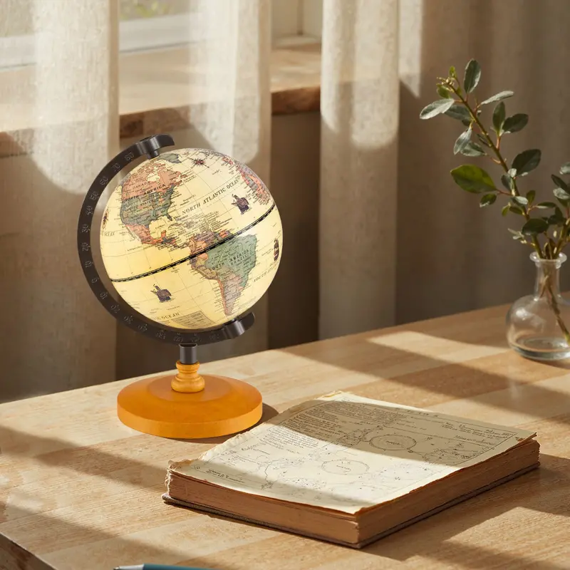 14 Cm Antique-Style Desk Globe On Solid Wood Base – Bronze Accents 1