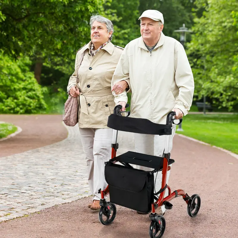 2-In-1 Adjustable Aluminium Walker With Built-In Seat – Red 1