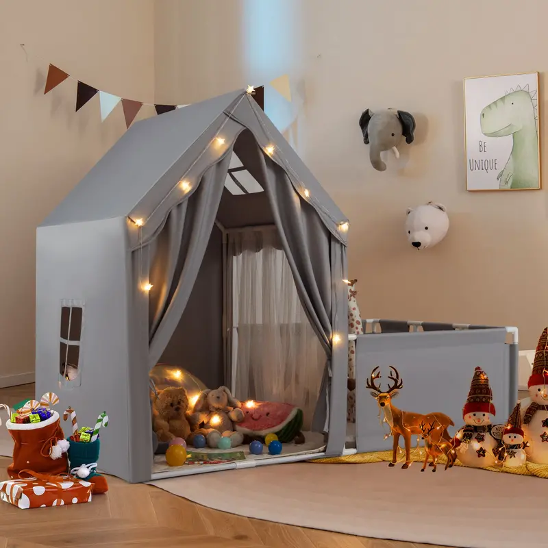 2-In-1 Kids’ Play Tent With Detachable Playpen & Machine-Washable Cotton Mat – Grey 1