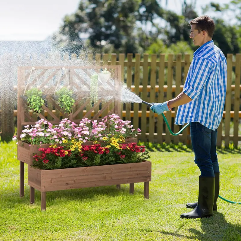 2-Tier Elevated Garden Planter With Trellis & Drain Holes – Brown 1