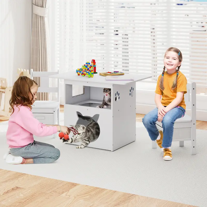 3-Piece Kids Table And Chair Set With Integrated Cat House – White 1