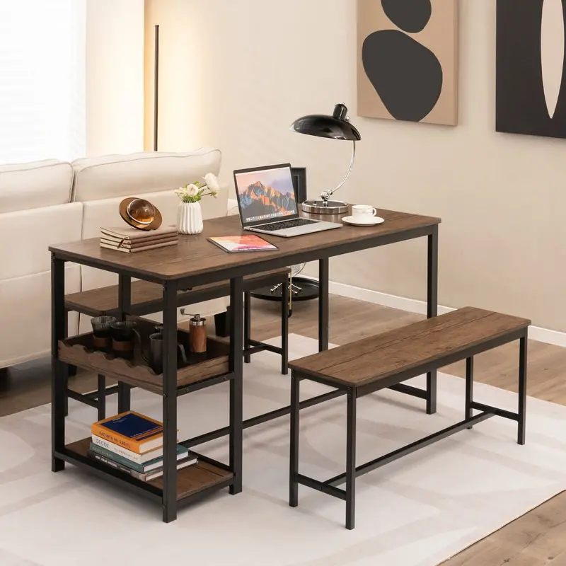 3-Piece Kitchen Dining Set With Integrated Storage Rack – Rustic Brown 1