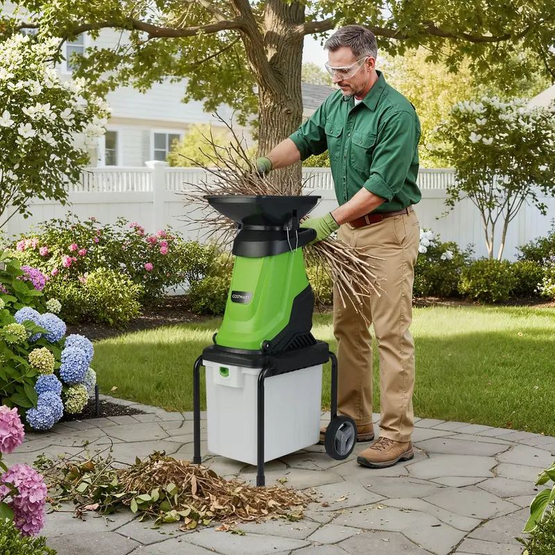 3000W Heavy-Duty Electric Wood Chipper With 50L Catch Bin & Transport Wheels – Green 1