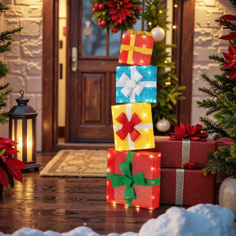 4-Foot Stackable Lighted Gift Box Display With Led Illumination And Decorative Bows 1