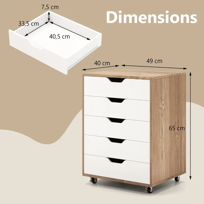 5-Drawer Mobile Filing Cabinet – Compact Steel Rolling Cart, 48 X 39.5 X 65.5 Cm, Natural Finish 1