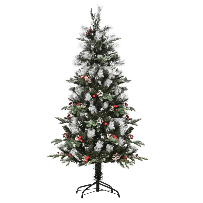 5-Foot Snow-Dipped Pencil Christmas Tree With Red Berries & White Pinecones – Foldable Holiday Decor In Green 1