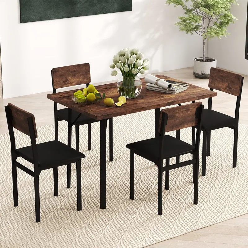 5-Piece Compact Dining Set For 4, Featuring Metal Legs – Brown 1