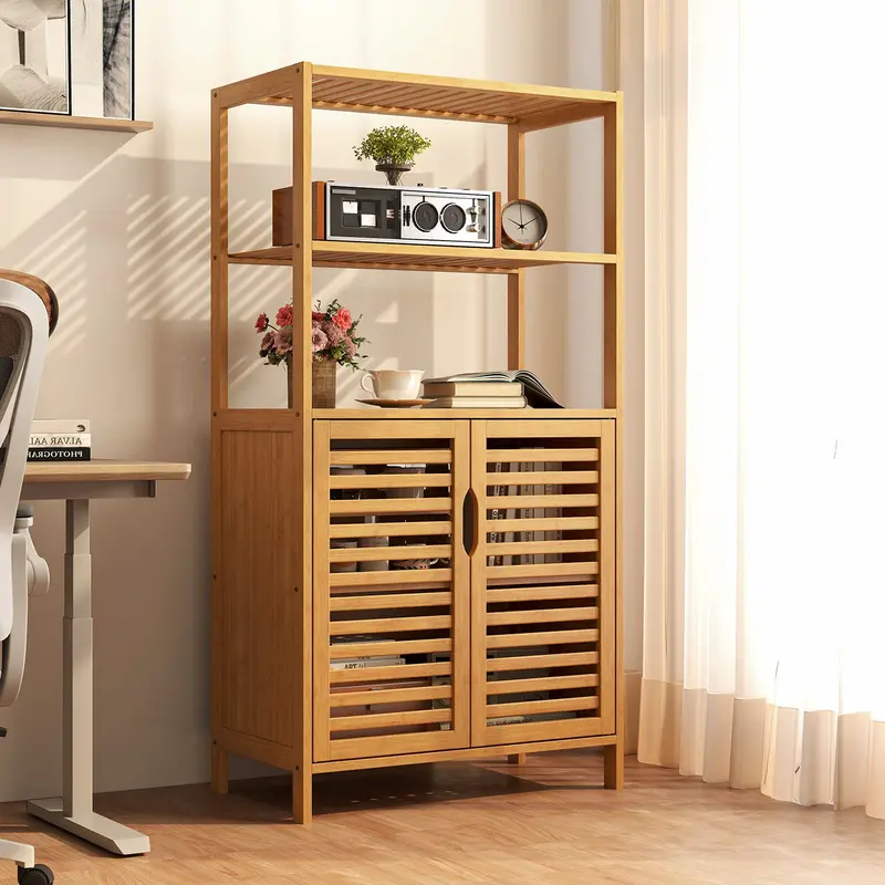 5-Tier Open-Concept Bookshelf With Louvered Cabinet Base – Natural Wood Tone 1