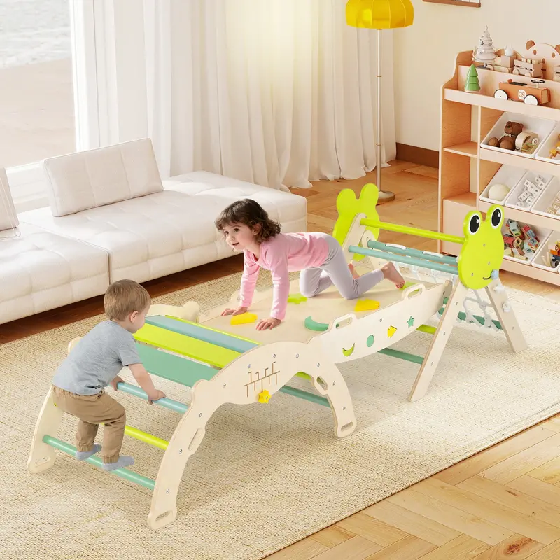 7-In-1 Wooden Triangle Climber For Toddlers – Includes Arch, Ramp, And Foldable Rope Triangle – Green 1