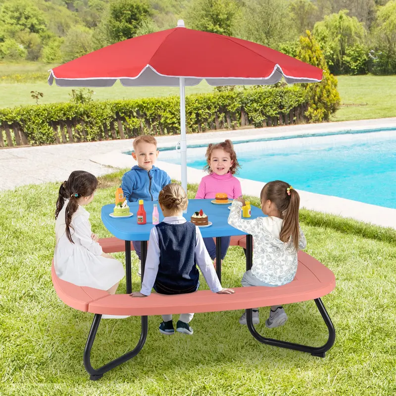 Adjustable Blue Hdpe Kids' Picnic Table With Height-Variable Umbrella 1