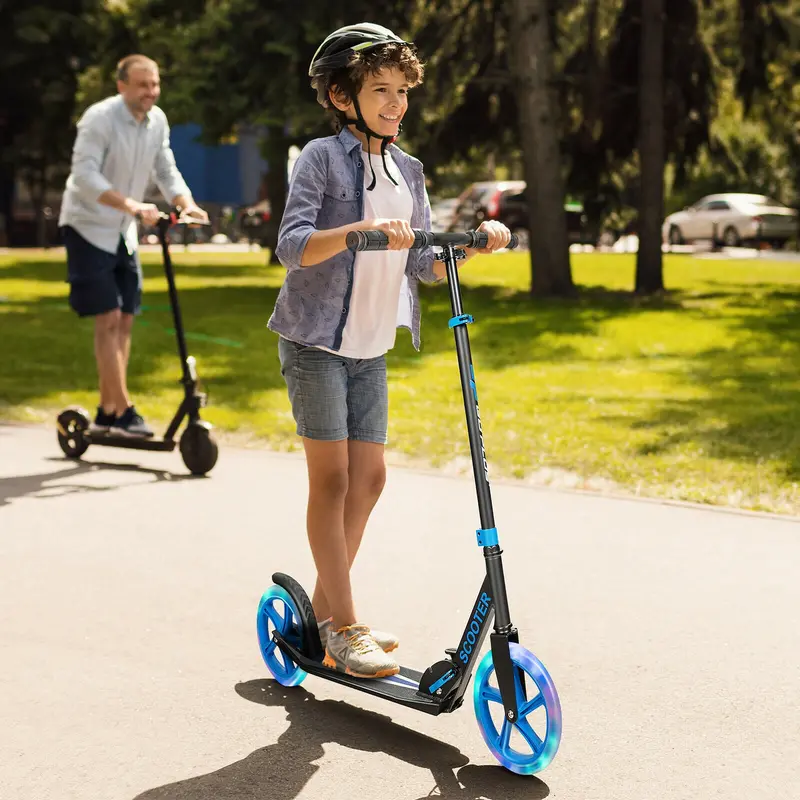 Adjustable Foldable Kick Scooter With Dual Large Wheels And Integrated Led Lights – Blue 1