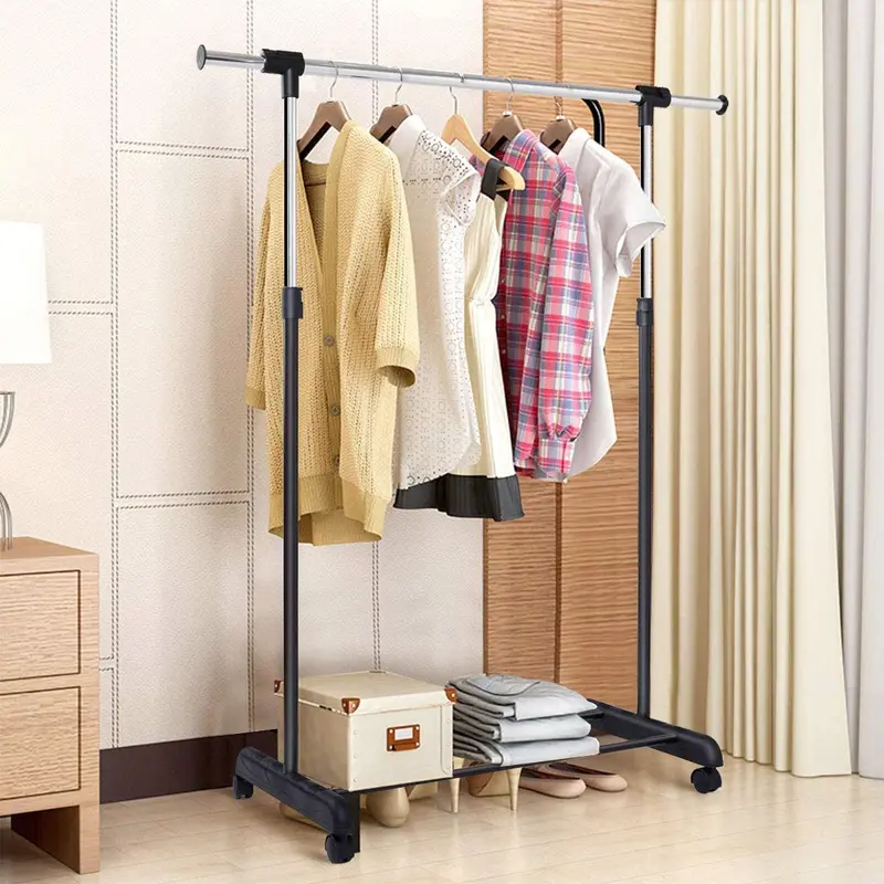 Adjustable Single-Rail Garment Rack – Mobile Clothing Organizer With Rolling Casters & Shelf 1