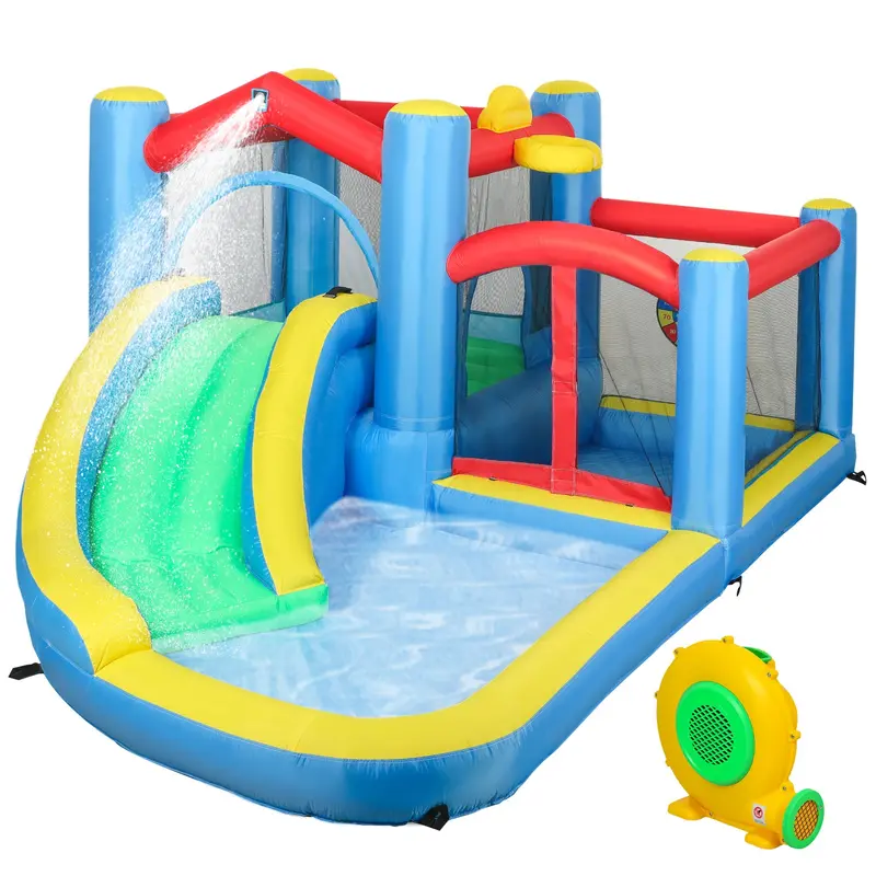 Aiyaplay Large Inflatable Bouncy Castle – 550W Blower, Long Slide, Basketball Hoop, Dartboard & Carry Bag (385 × 290 × 180 Cm) 1