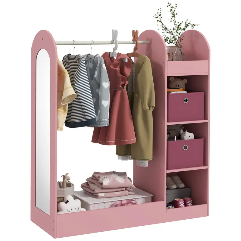 Aiyaplay Pink Kids Clothing Rack With Storage Shelf, Organizing Boxes & Full-Length Mirror 1