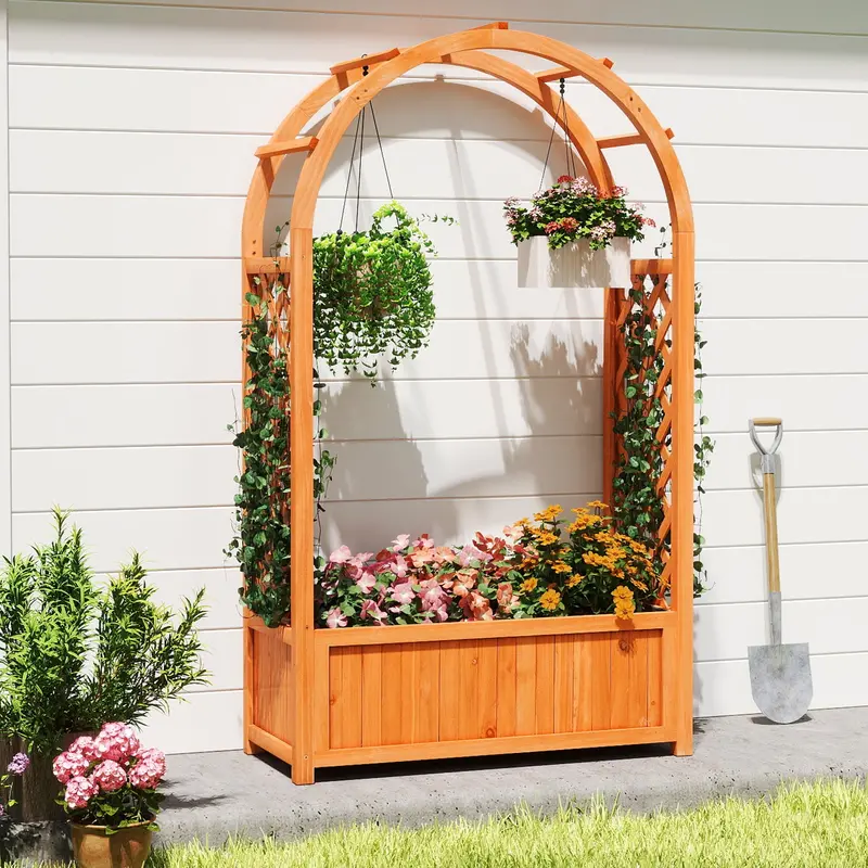Arch-Trellis Wooden Raised Garden Bed With Waterproof Liner – Brown 1