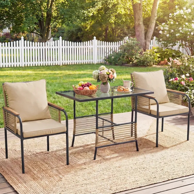 Balcony-Friendly Wicker Bistro Set With Cushioned Rattan Chairs – Brown 1