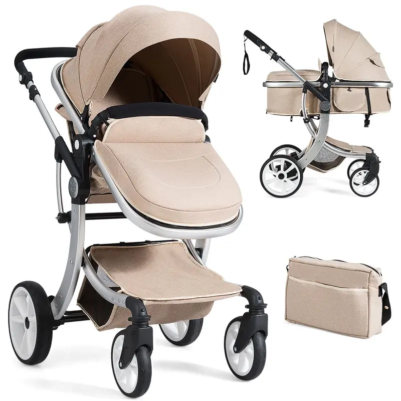 Beige 2-In-1 Foldable Baby Stroller With Integrated Rain Cover And Mosquito Net 1