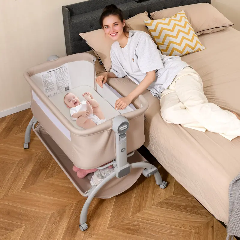 Beige Bedside Bassinet For Newborns With 7-Position Height Adjustment 1