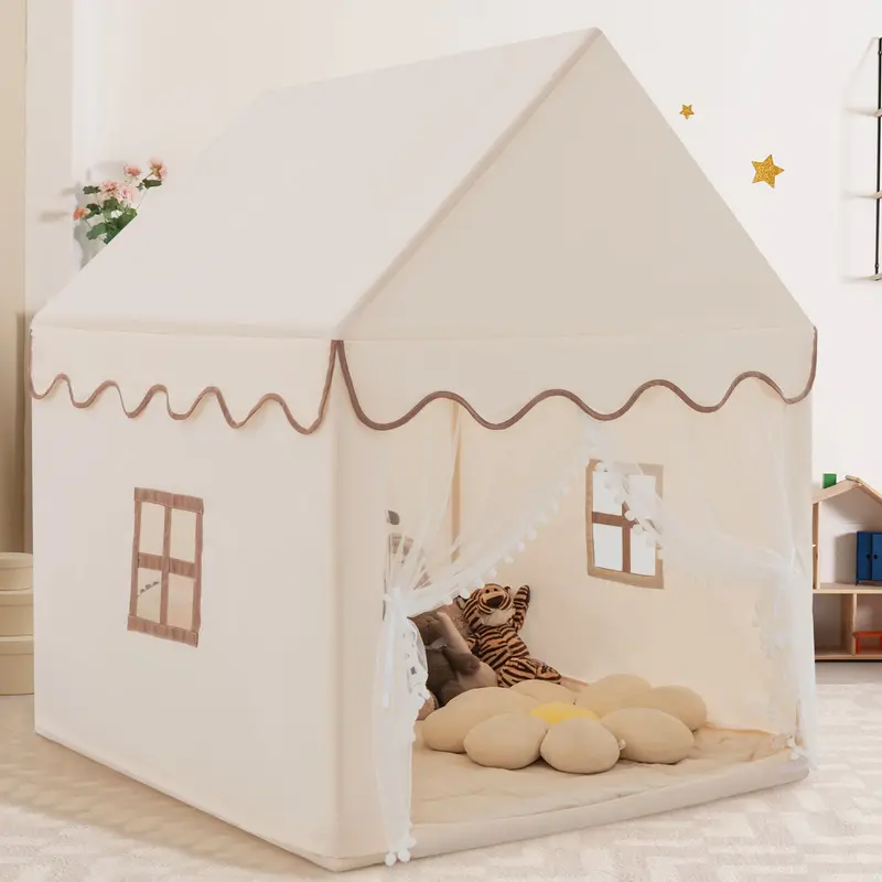Beige Indoor Play Tent With Padded Floor Mat – Cozy Kids’ Playhouse 1
