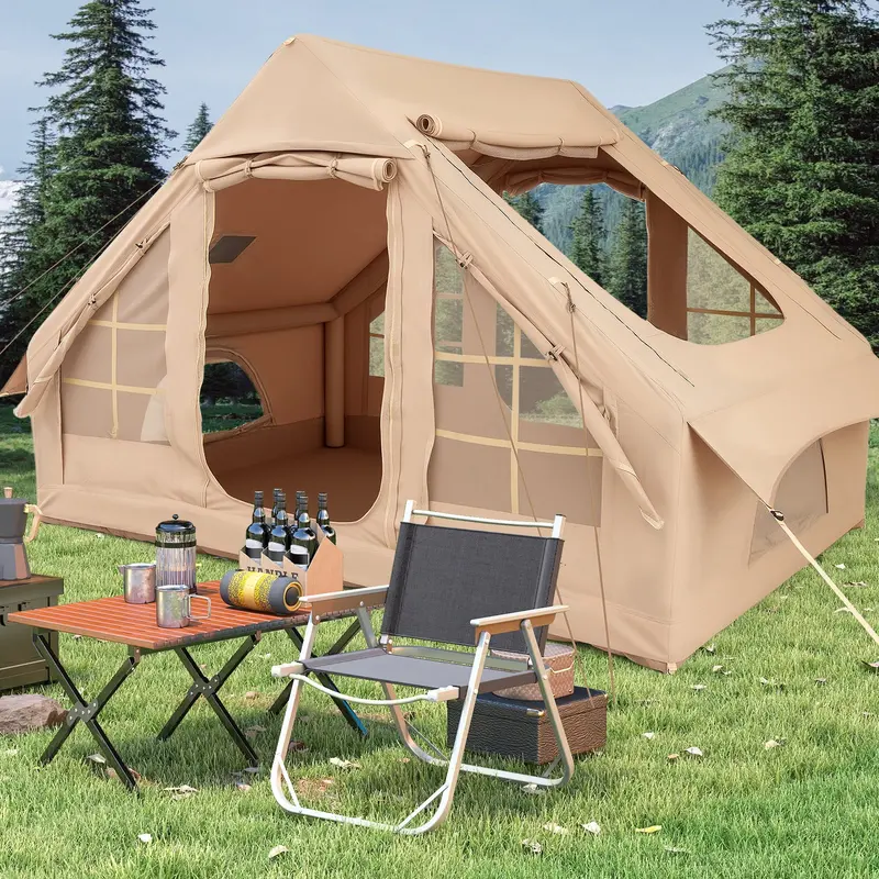 Beige Inflatable Tent For 4–6 People With Four Mesh Windows And Dual Entry Doors 1