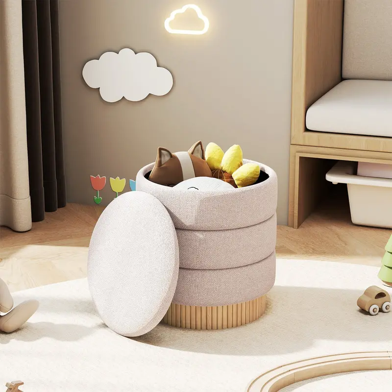 Beige Round Storage Ottoman With Removable Lid And Solid Wood Base 1