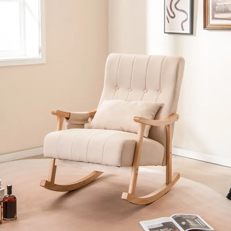 Beige Upholstered Glider Rocker Chair – High-Back Support With Plush Cushioned Seat 1
