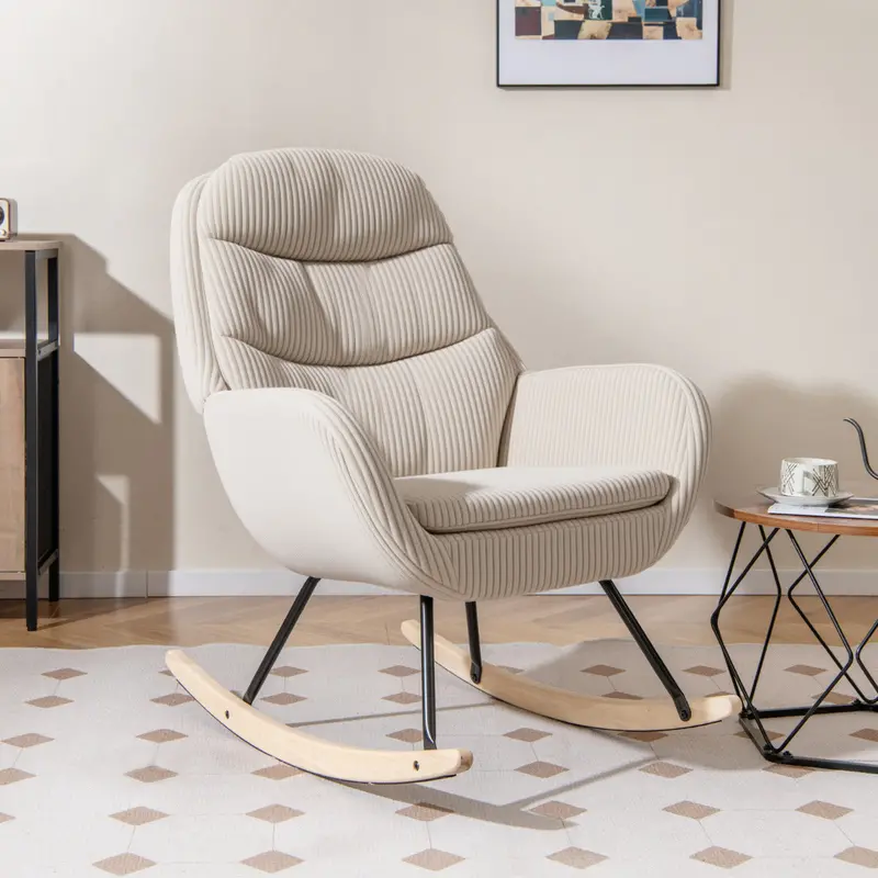 Beige Upholstered Nursery Glider Rocker With Supportive Padded Backrest 1