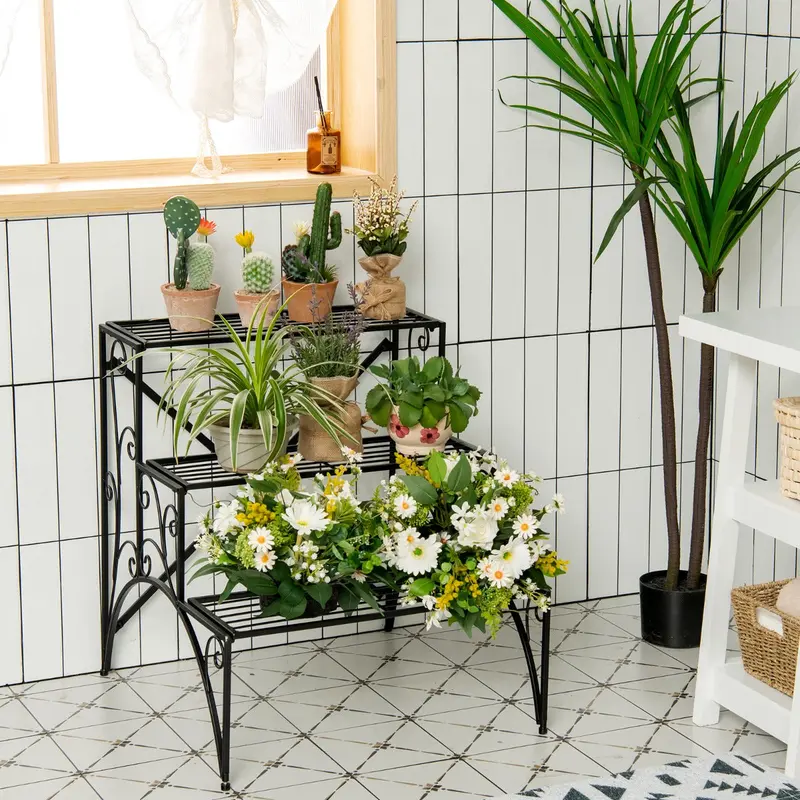 Black 3-Tier Ladder Plant Stand – Grid-Style Shelves For Potted Plants 1