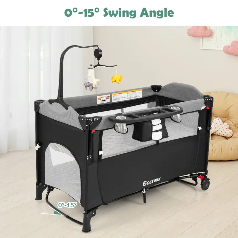 Black 5-In-1 Convertible Bassinet With Bedside Sleeper Mode, Diaper Station, And Toy Mobile 1
