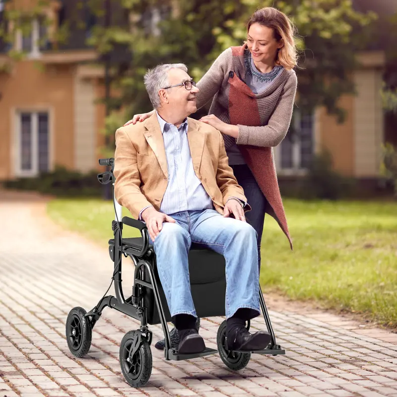 Black All-Terrain Foldable Rollator – 2-In-1 Walker With Seat & Pneumatic Wheels 1