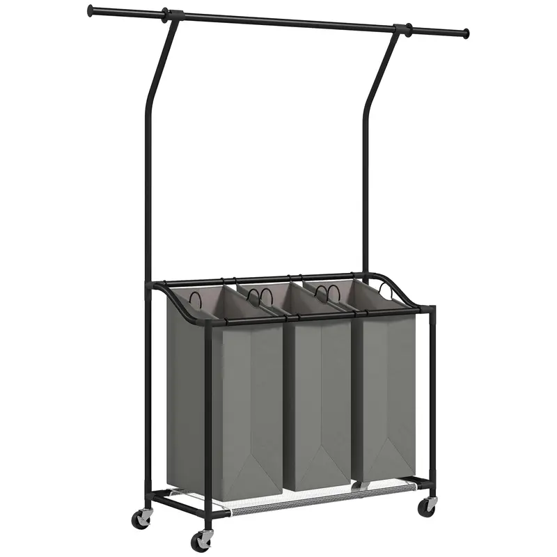 Black-And-Grey Triple 42L Laundry Basket Unit With Hanging Rail – Organized Linen Storage 1