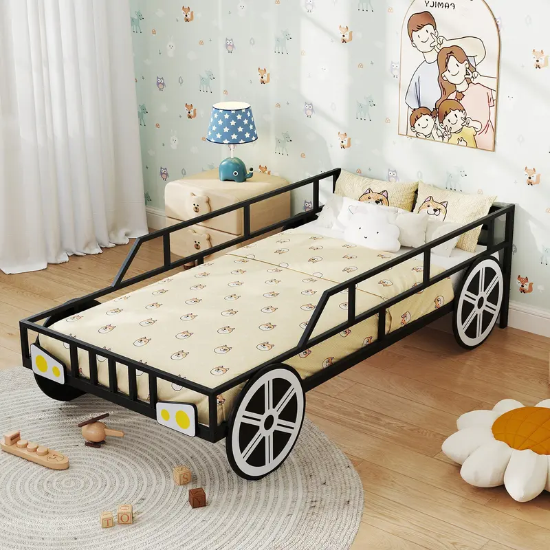 Black Kids’ Car-Shaped Single Platform Bed With Rolling Wheels 1