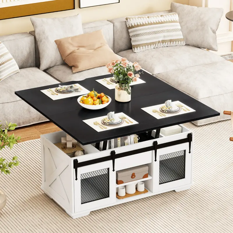 Black Lift-Top Coffee Table With Dual Sliding Barn Doors And Exposed Shelves 1