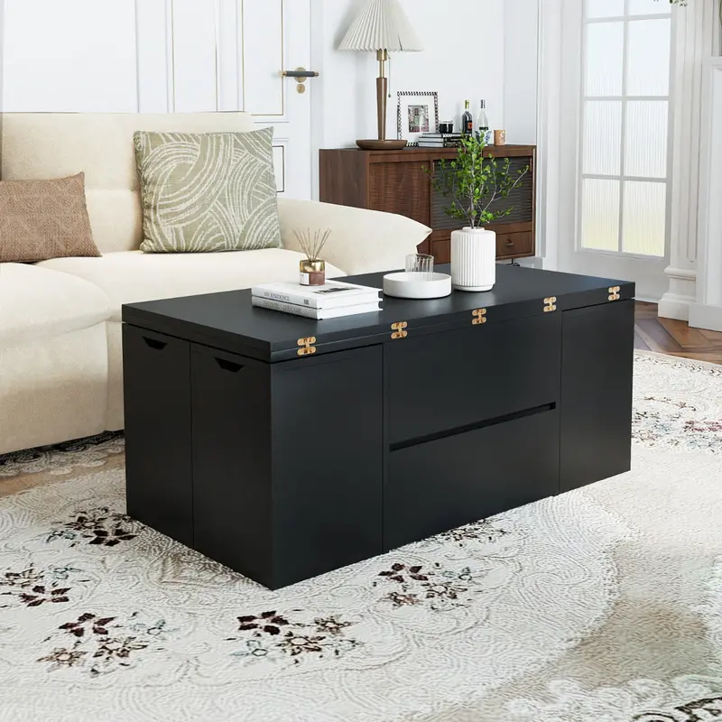 Black Lift-Top Coffee Table With Integrated Drawer And Secure Hidden Compartment 1