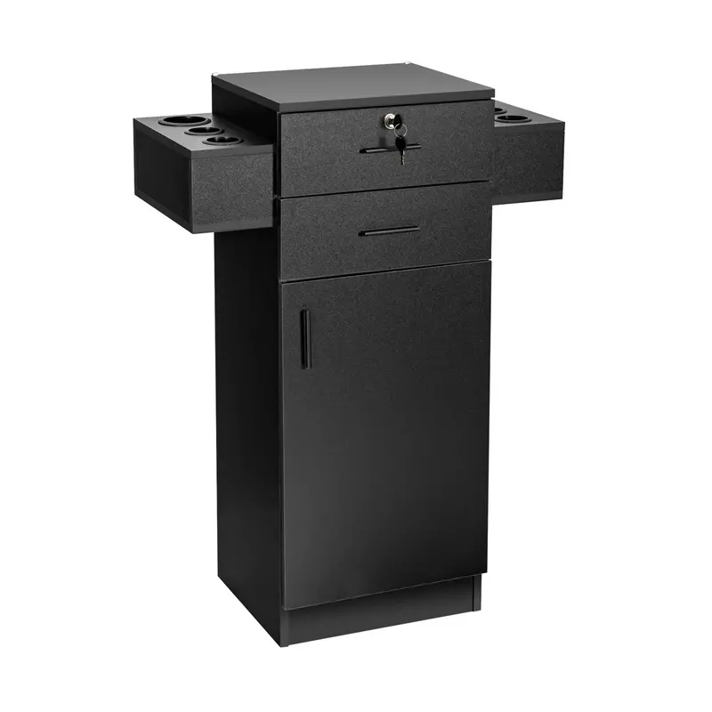 Black Locking Salon Storage Cabinet – 3-Tier Unit With 2 Drawers And 6 Hair Dryer Holders 1