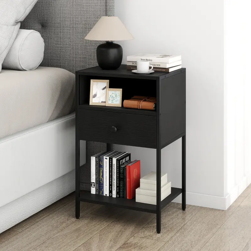 Black Modern Nightstand With Open Shelf And Storage Compartment 1