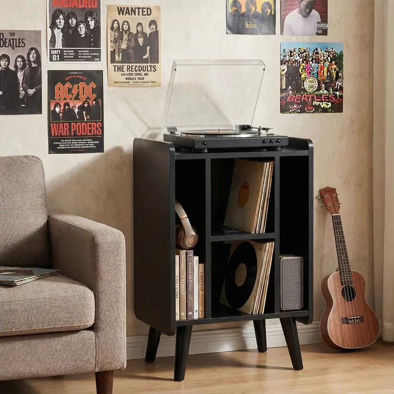Black Multi-Shelf Record Player Stand With Power Socket & Usb Charging Station 1
