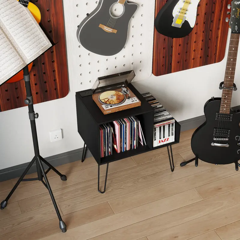 Black Record Player Stand With Integrated Power Outlet And Adjustable Dividers 1