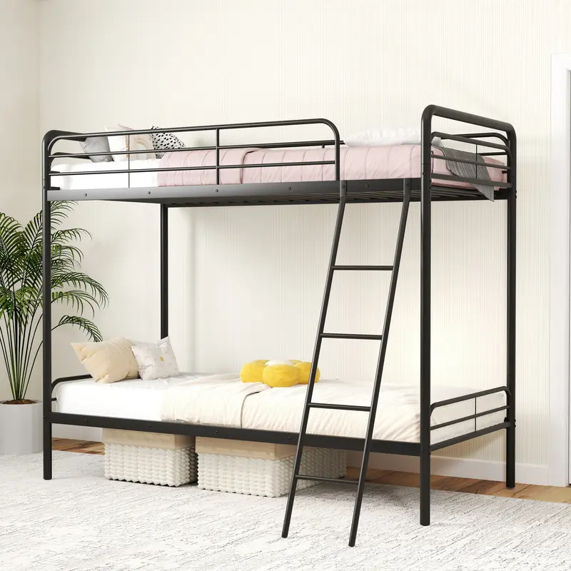 Black Single Bunk Bed – Full-Length Guardrails And Integrated Ladder 1
