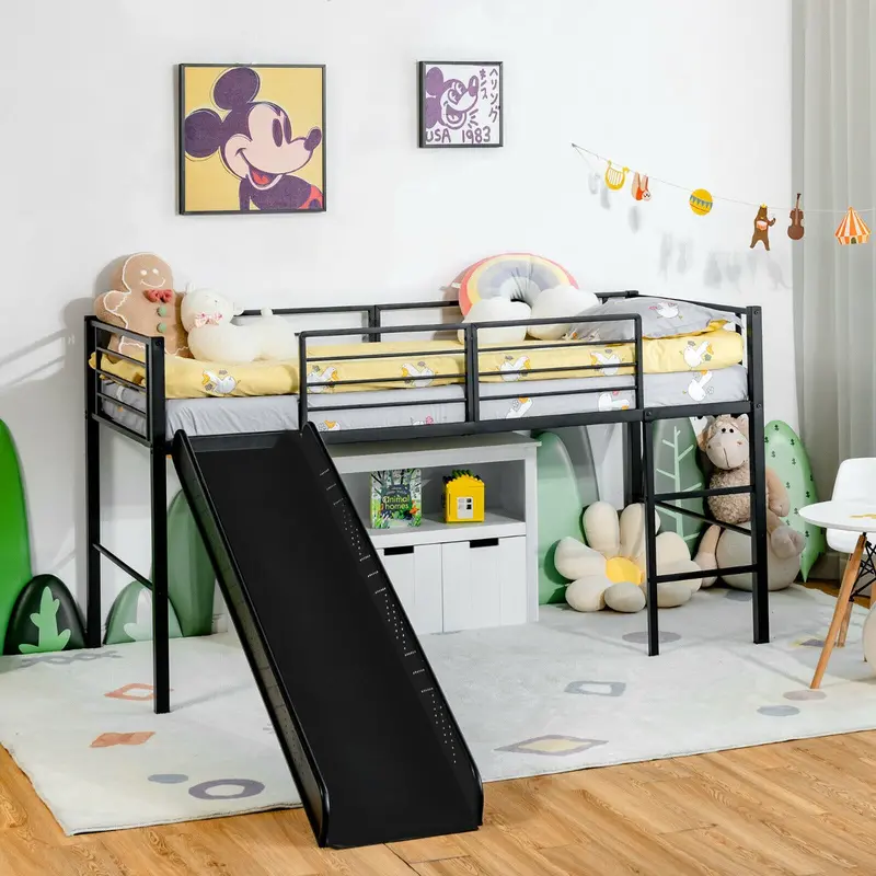 Black Sliding Loft Single Bed For Children With Integrated Stairs And Safety Rails 1
