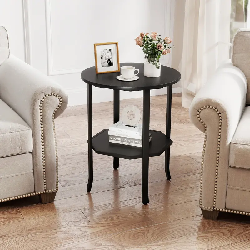 Black Two-Tier Round Side Table With Hidden Storage Shelf 1