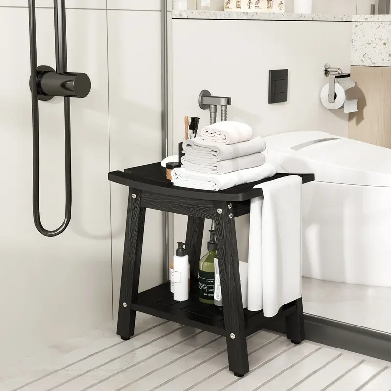 Black Waterproof Hips Shower Bench With Safety Handle & Non-Slip Base 1