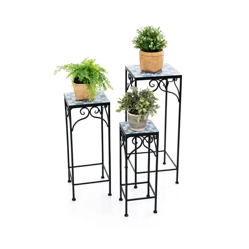Blue 3-Tier Metal Plant Stand Set Featuring Decorative Mosaic Tile Accents 1