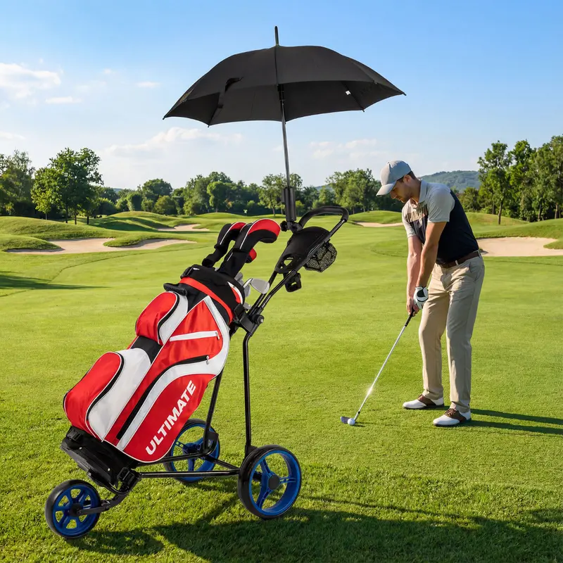 Blue 3-Wheel Folding Golf Push Cart – Compact Fold Design With Height-Adjustable Handle 1