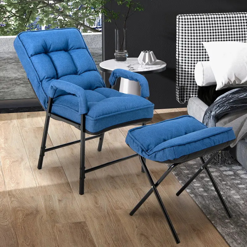 Blue Linen Accent Chair With Coordinating Ottoman – Modern Living Room Seating 1